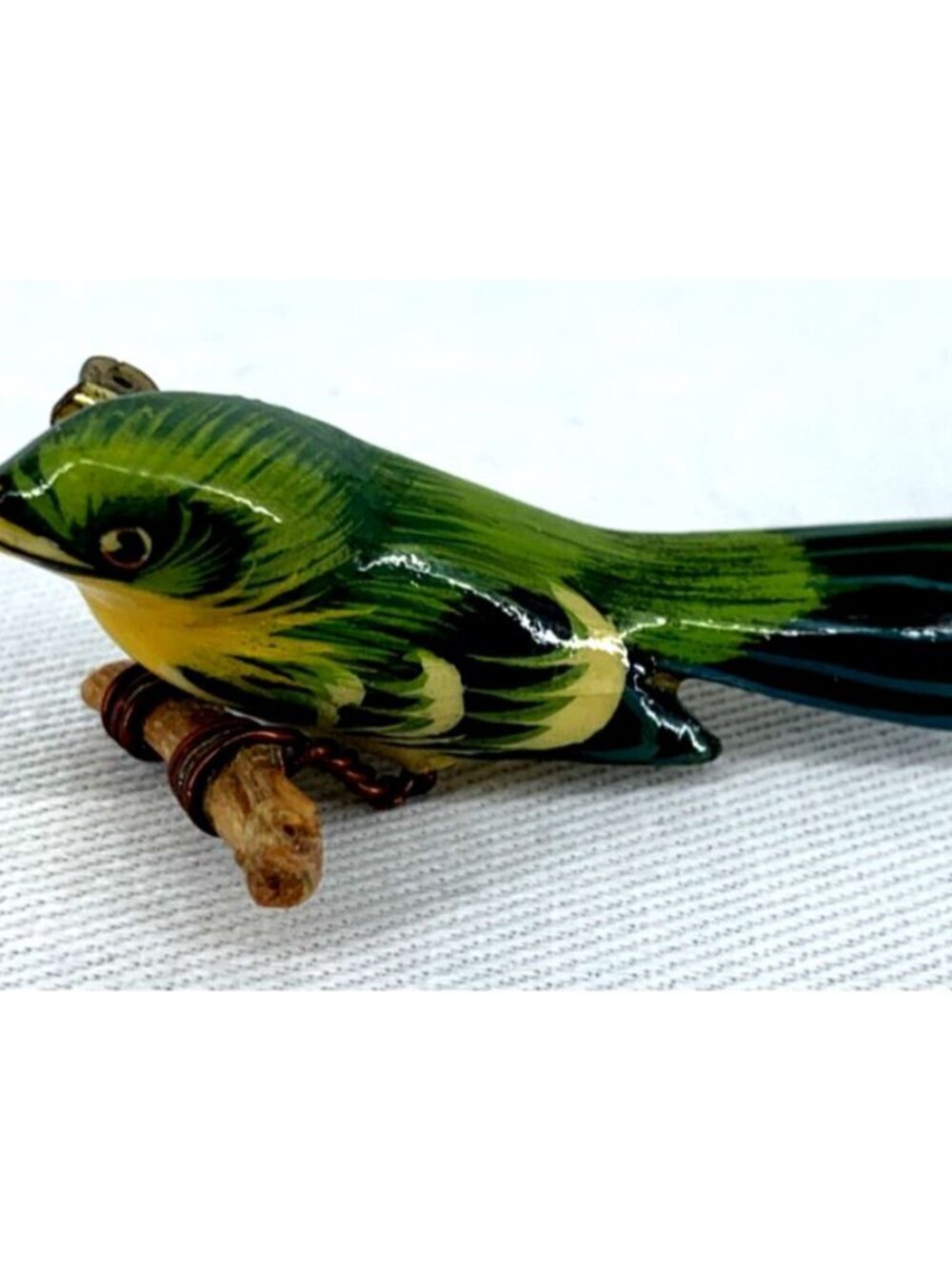 Takahashi Bird Brooch Lacquered Wood Bird on Branch Pin Green 1.5"